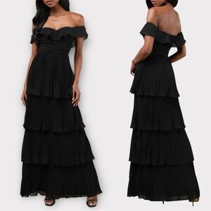 NWT Lulus Always Remarkable Black Pleated Tiered Off-Shoulder Maxi Gown Dress
